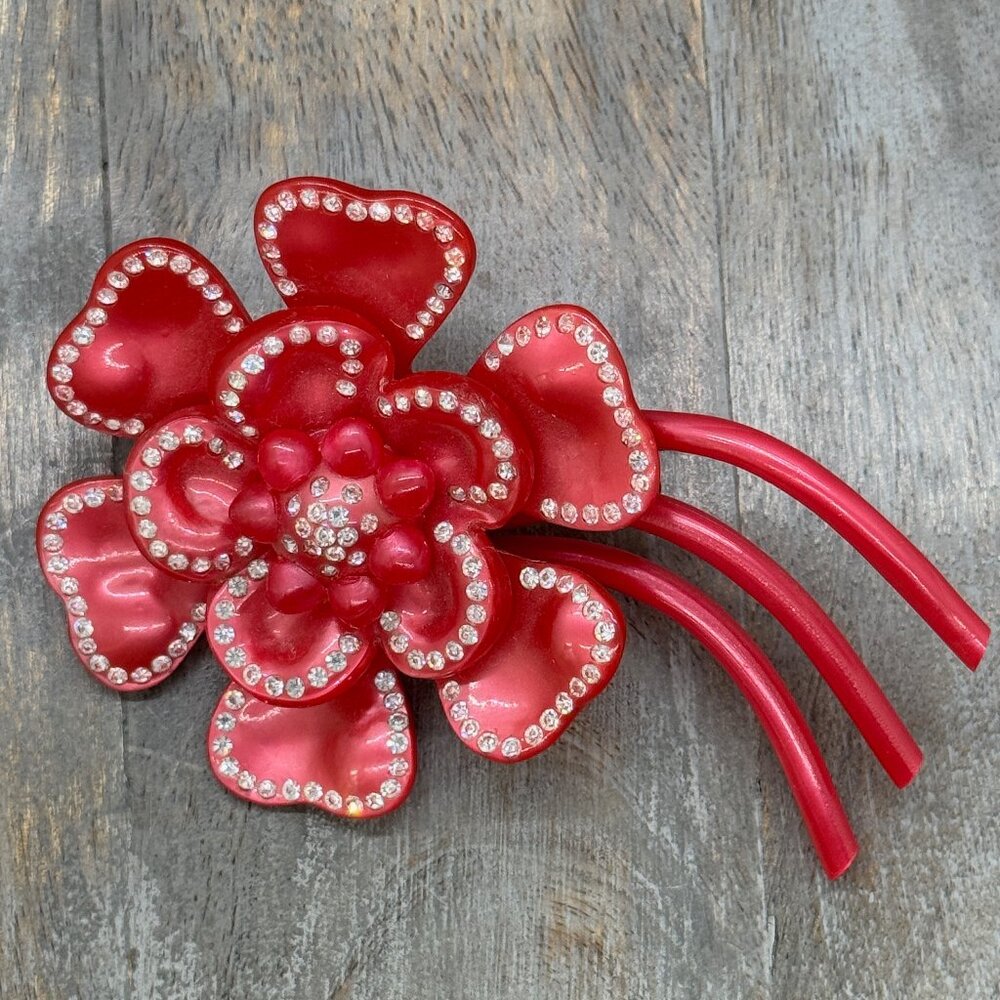 Vintage Large Bright Pink Plastic Flower Outlined in Rhinestones Brooch